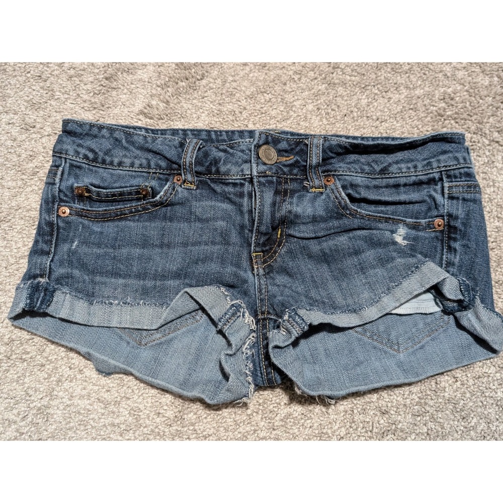 American Eagle Denim Shorts Womens 2 Blue Low Rise Stretch Cuff Micro Y2k